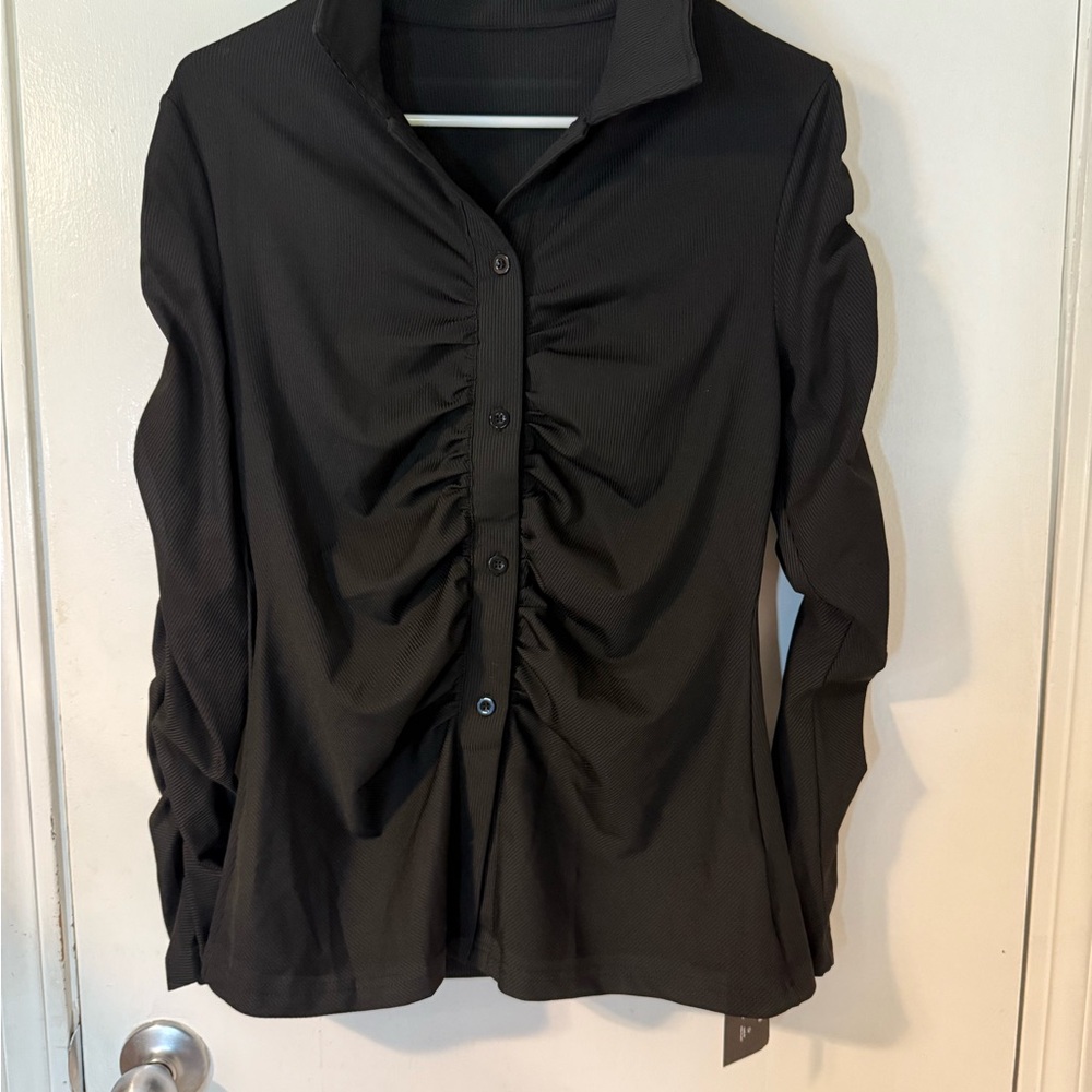 Nano Black Ruched Long Sleeve Button Down Shirt